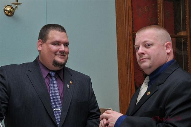 Chief Sam Terry and Deputy Chief Chris Obenchain preparing for the Company banquet.